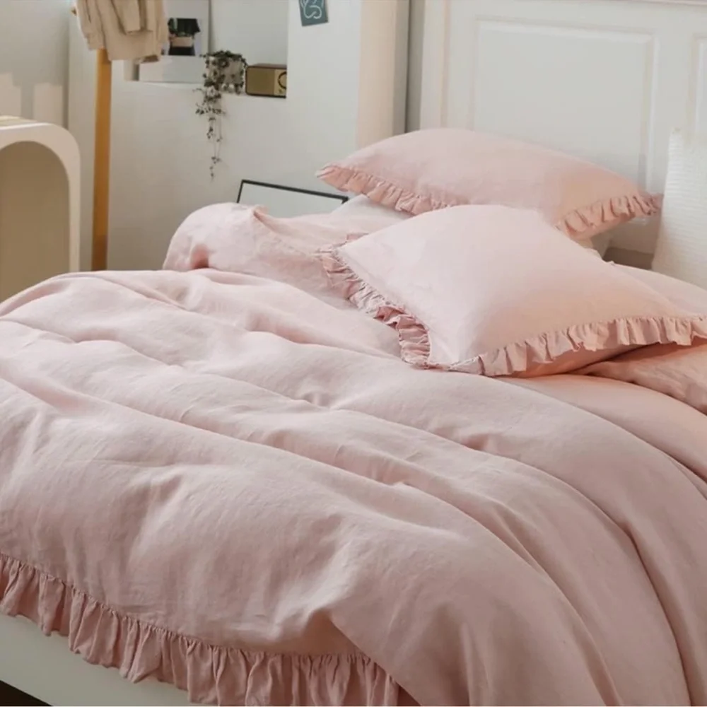 🆕 Luxury 100% Linen Ruffle Duvet Cover Set in QUEEN